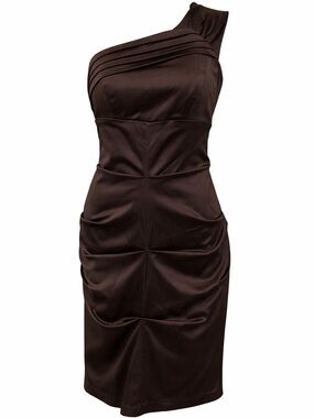 Le Château One Shoulder Satin Dress Brown Ruched Small